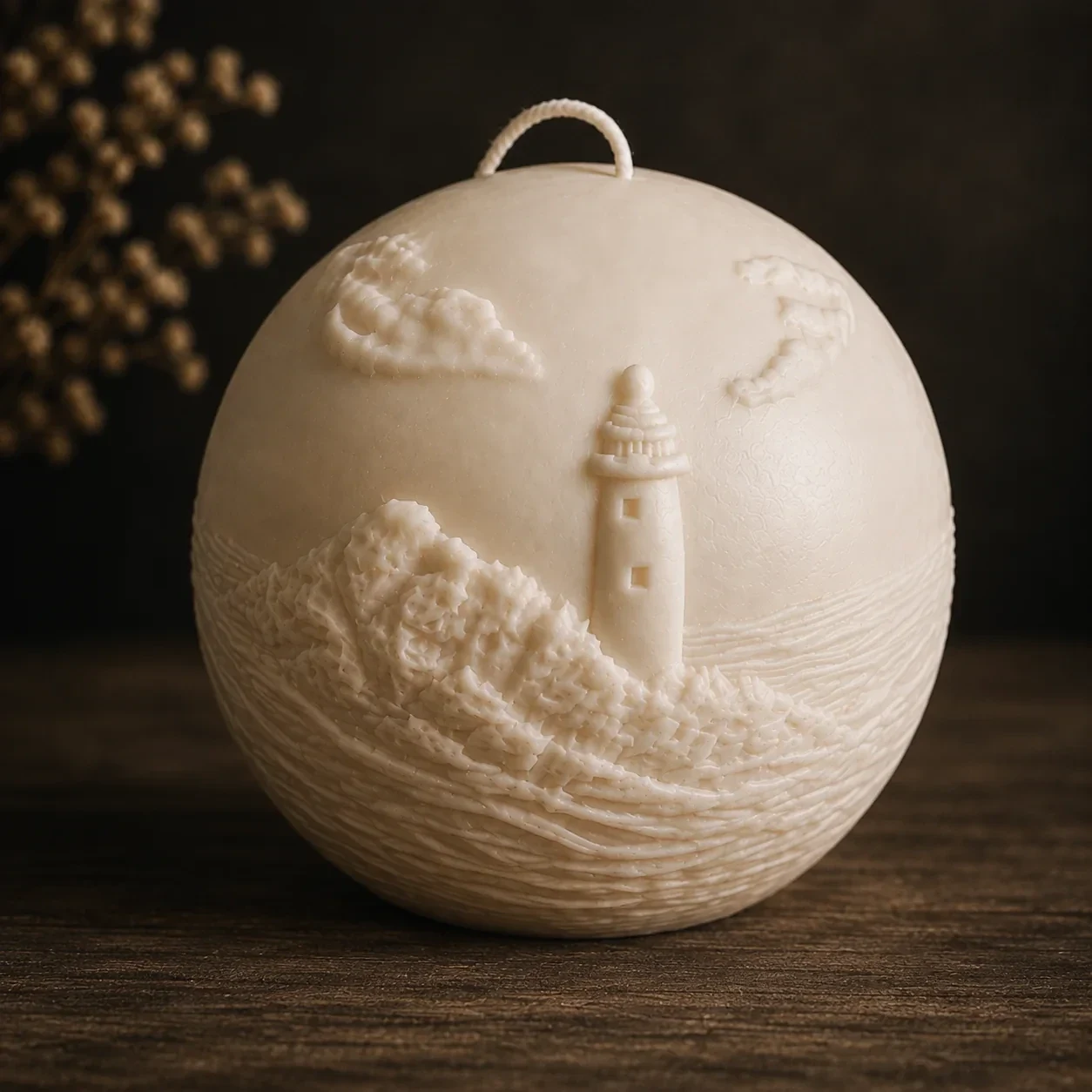 Approdo, candela artigianale decorativa con faro, scogli e mare in rilievo — Nevia Art