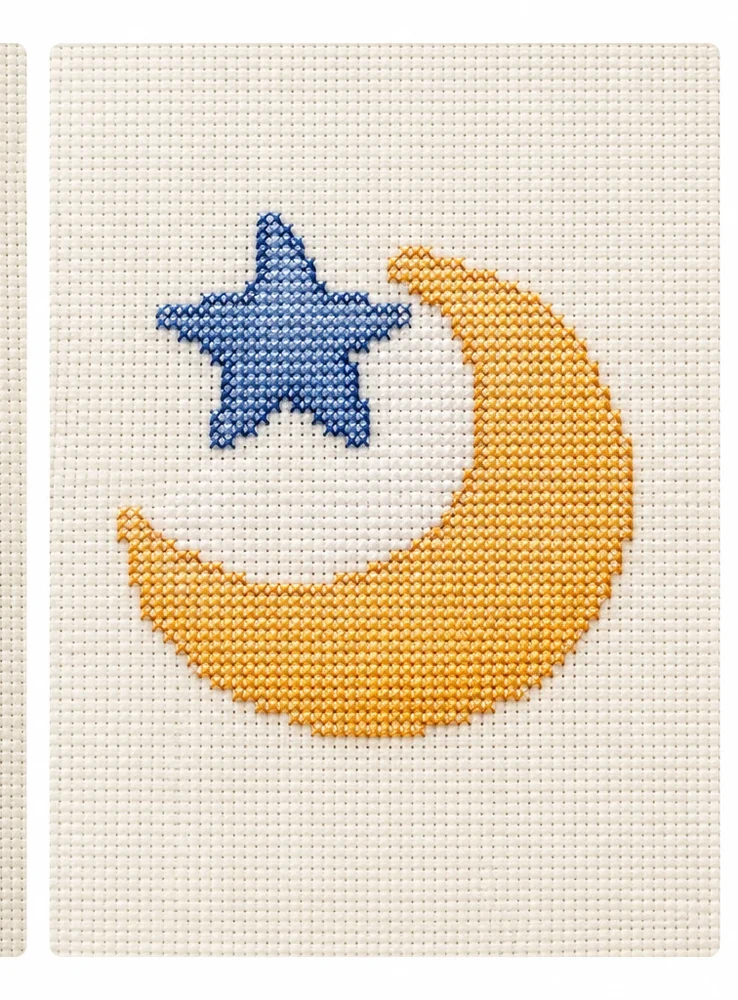 Dettaglio della luna e della stella ricamate a punto croce della copertina Dove riposa il mare — Nevia