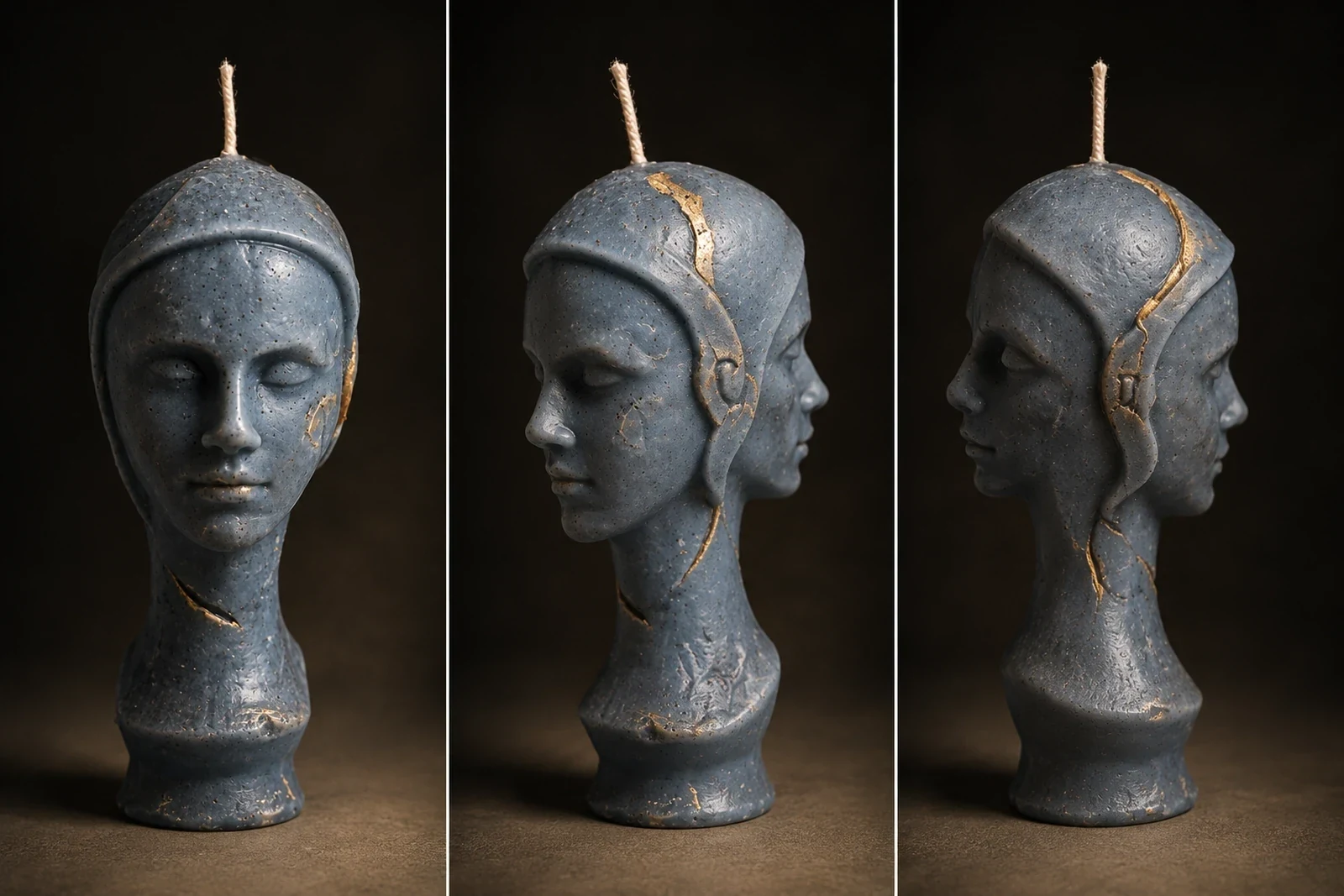 Oltre, candela artigianale decorativa con due volti scolpiti — Nevia Art