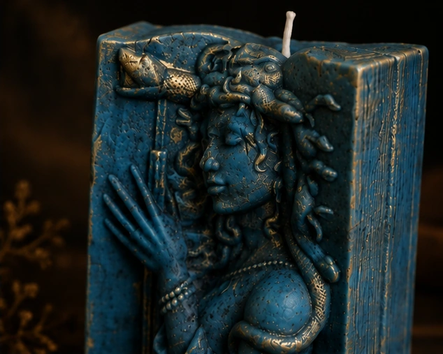 Pagine di pietra, dettaglio del volto e dei rilievi della candela