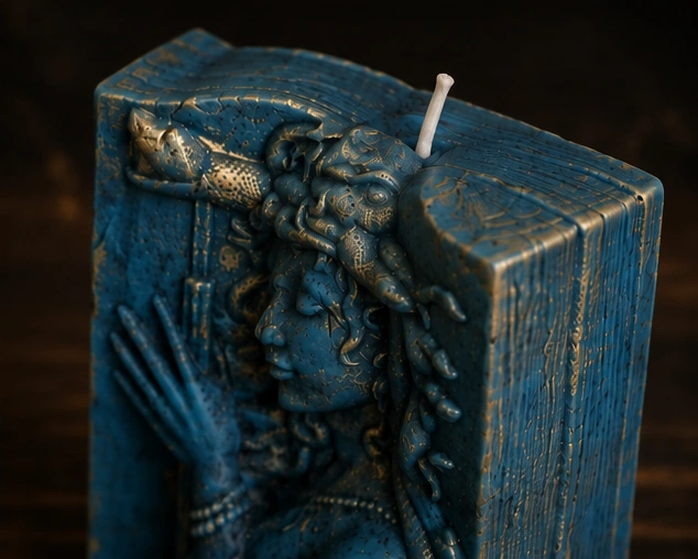 Pagine di pietra, dettaglio superiore della candela a forma di libro