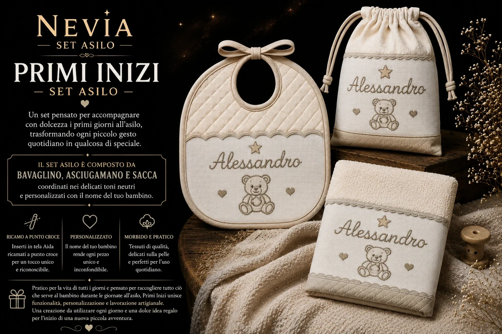 Set asilo personalizzato bambino in colori neutri ricamato a punto croce con nome Alessandro — Primi inizi, Nevia Art