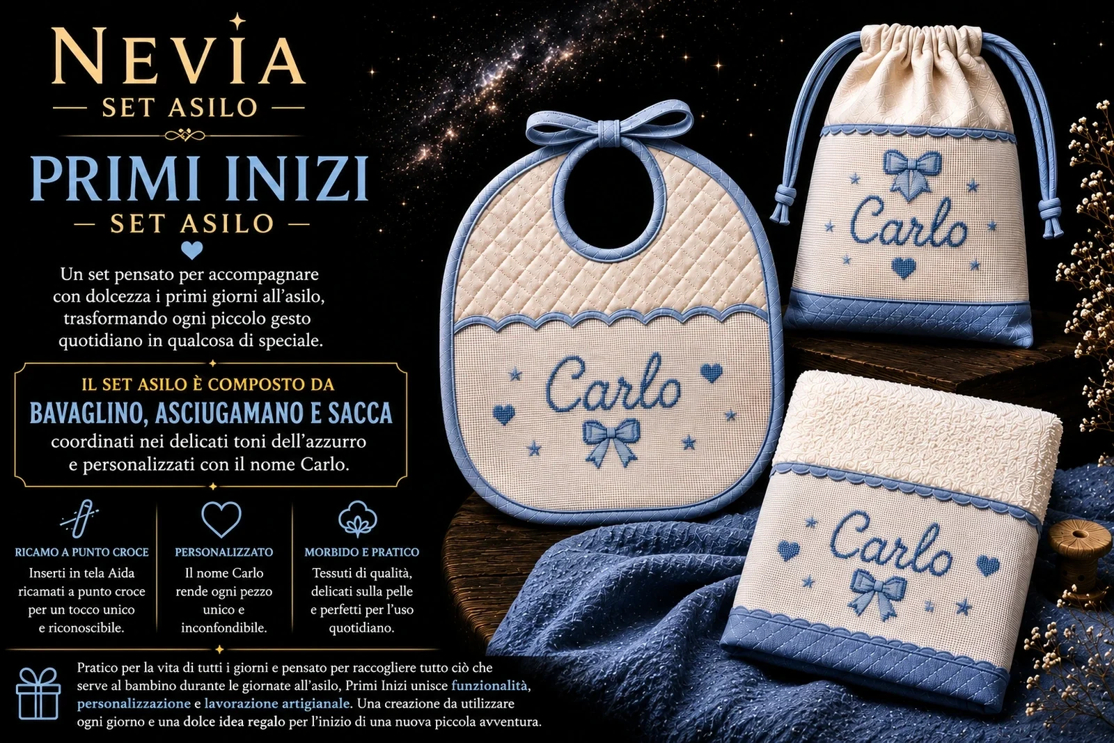 Set asilo personalizzato bambino ricamato a punto croce con nome Carlo — Primi inizi, Nevia Art