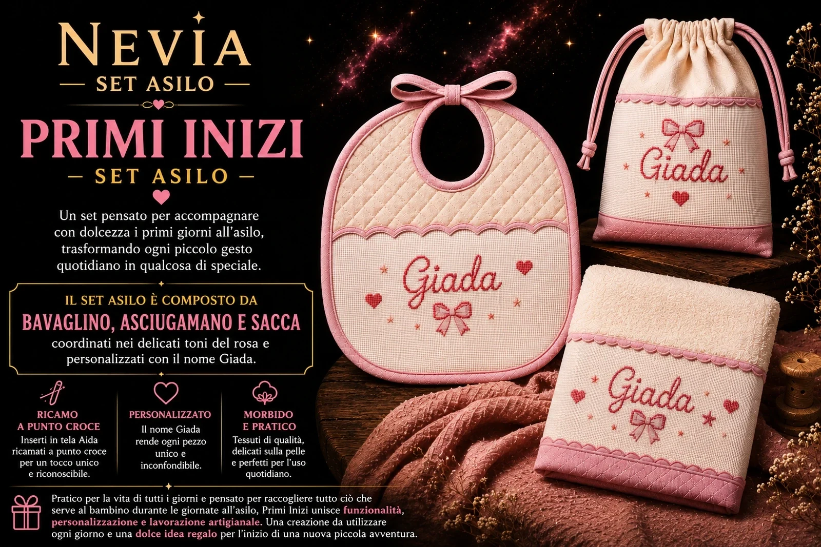 Set asilo personalizzato bambina ricamato a punto croce con nome Giada — Primi inizi, Nevia Art