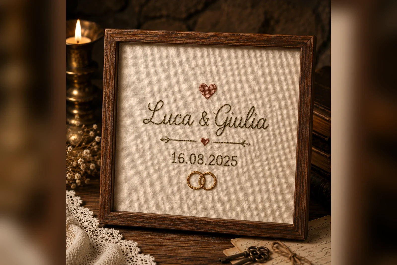 Quadretto matrimonio personalizzato ricamato a mano con nomi Luca e Giulia e data delle nozze — Il giorno del sì, Nevia Art