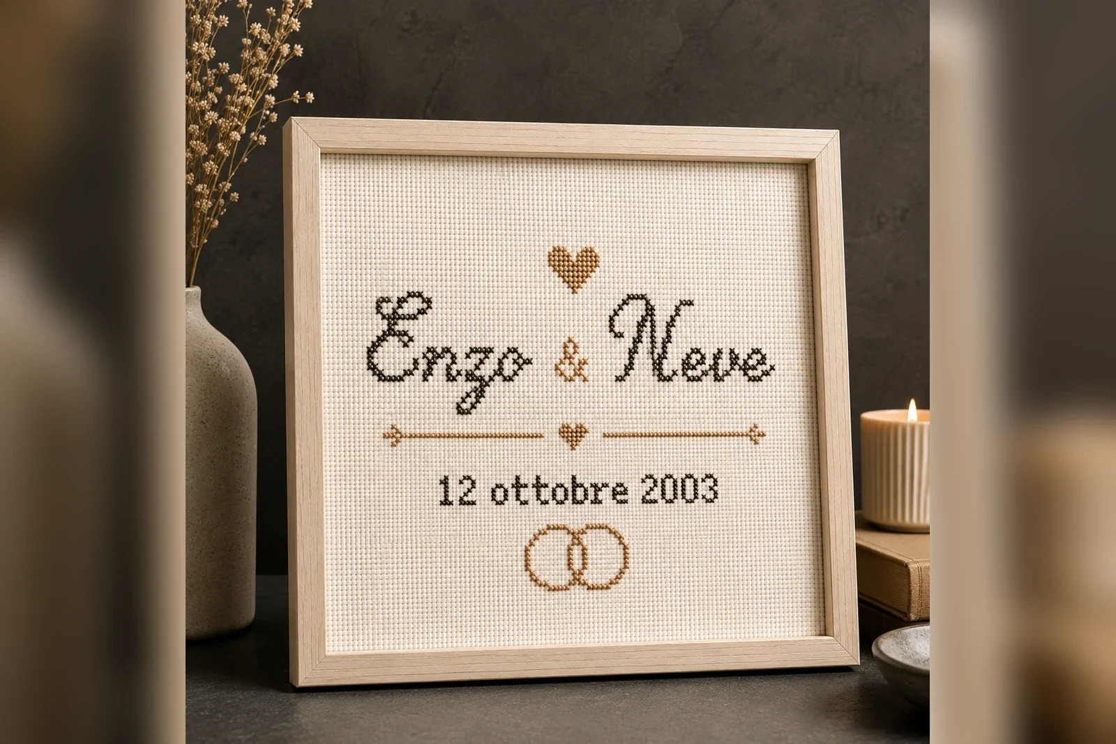 Quadretto matrimonio personalizzato a punto croce con nomi Enzo e Neve e data 12 ottobre 2003 — Il nostro per sempre, Nevia Art