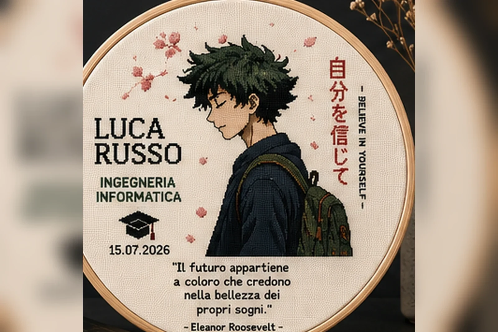 Quadretto laurea personalizzato a punto croce in cerchio da ricamo con nome Luca Russo — Il traguardo dei sogni, Nevia Art