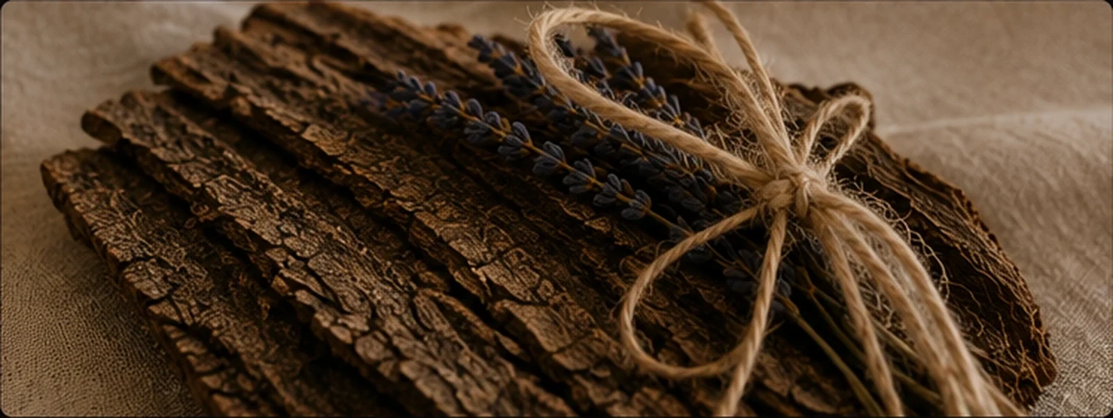 Dettaglio della base in vero legno con lavanda e spago di Rifugio