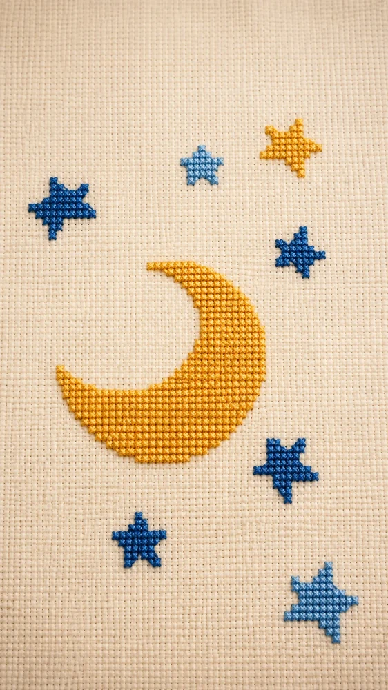 Dettaglio della luna e delle stelle ricamate a punto croce della copertina Sotto la stessa luna — Nevia