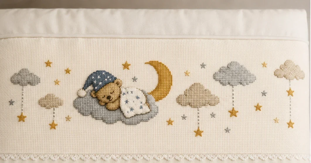 Lenzuolino neonato personalizzato ricamato a mano con orsetto luna nuvole e stelle — Sotto le stelle Nevia